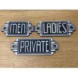 Three cast metal door signs Men, Ladies & Private