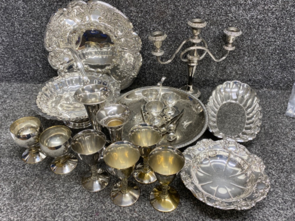 Box lot of mixed silver plated, EPNS & white metal ware, including candelabra, goblets, plates etc