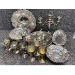 Box lot of mixed silver plated, EPNS & white metal ware, including candelabra, goblets, plates etc