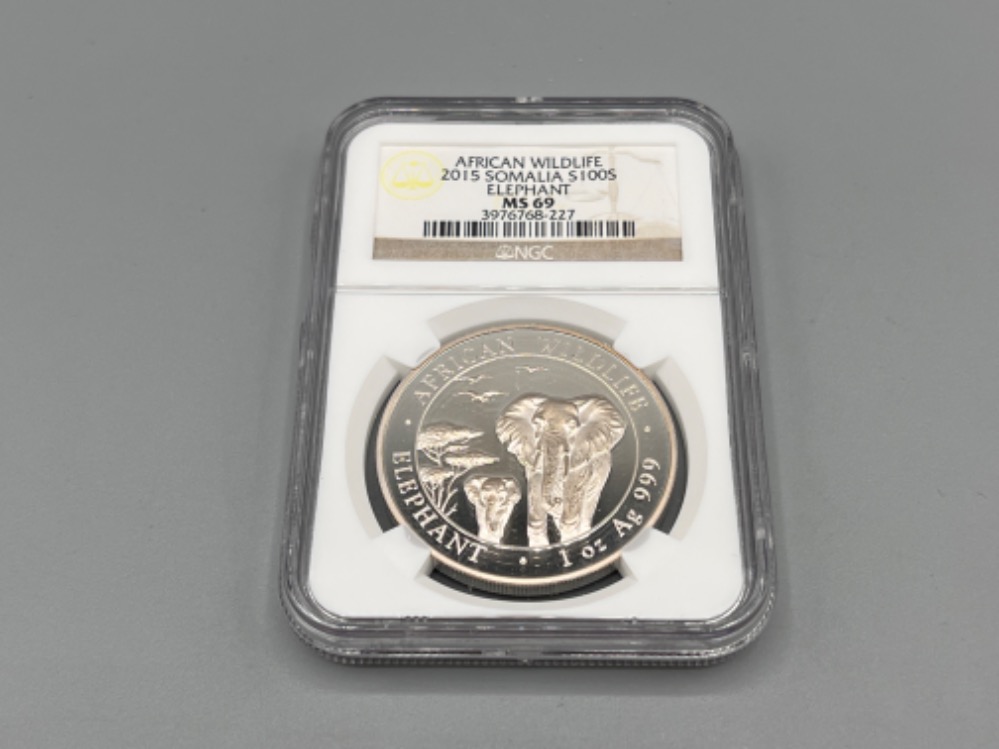 2015 African wildlife Somalia $100 silver 1oz coin. Graded and sealed by NGC