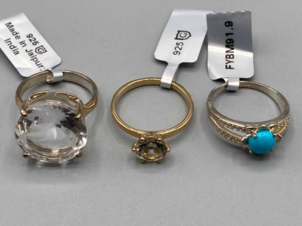 Three silver rings by Gemporia to include an optic quartz sizes R T and T 1/2 14.8g gross with COAs