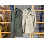 An olive green trench coat by Burberry, and another trench coat by Lands’ End