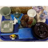 Tray of miscellaneous items to include bookends, Art Deco blue enamelled hand mirror, Bakelite &