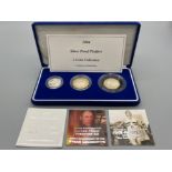 2004 silver proof piedfort 3 coin collection. With certificate of authenticity and presentation