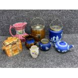 Box lot containing Maling lustre jug, oak EPNS lined barrel & Wedgwood etc
