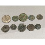 Ten Roman coins of various sizes & dates