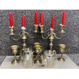 Box containing Silver plated ware including pair of candelabras, goblets & teapots