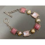 Marked Silver 925, natural Pearl & pink agate bracelet - 22.4g gross