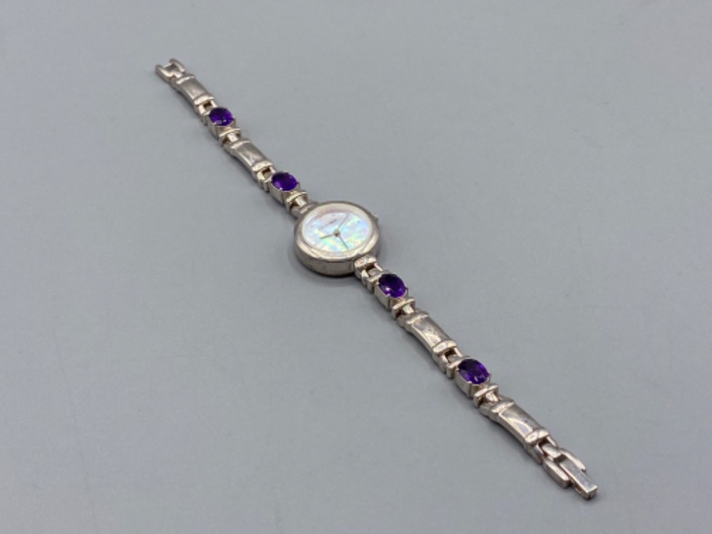 Silver and Amethyst Quartz bracelet watch, 43.6grm