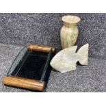 Vintage twin handled tray together with a large onyx fish ornament & onyx vase