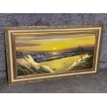 Large framed oil on canvas painting “coast scene” 98x48cm