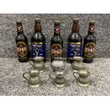 Pewter measures and 5 bottles of ale. Commemorative bottles