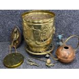 Large brass coal Bucket & trivet stand together with a vintage gong & beater, copper teapot etc