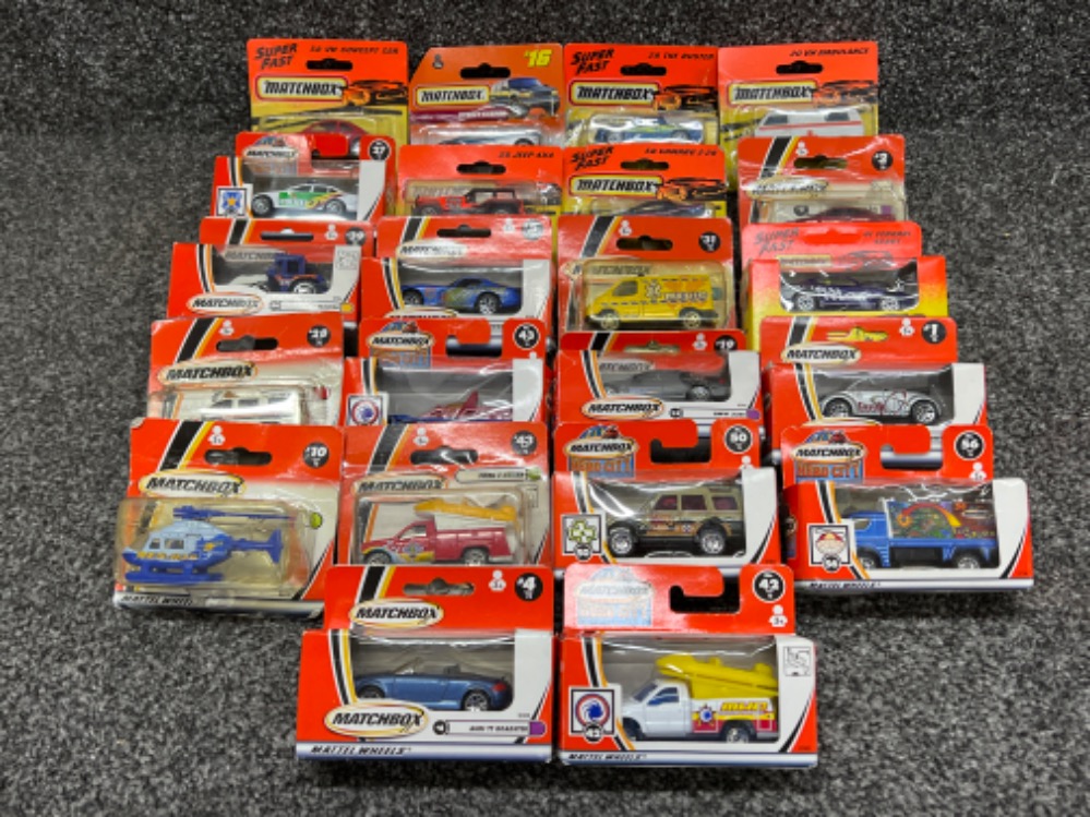 Matchbox Mattel wheels die cast vehicles x22. Various numbers all in original boxes