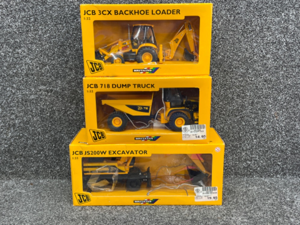 Britains JCB 1:32 scale vehicles. Excavator, back-hole loader and Dump truck all in original boxes