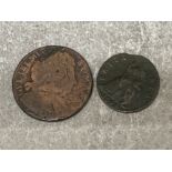 William & Mary 1694 1/2 d (half penny) coin & 1/4 d (farthing) coin, both in protective capsules
