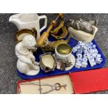 Mixed tray lot containing metal bear money box, Wade whimsy’s & jugs plus Poole lidded dish etc