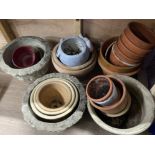 Large quantity of garden plant pots, stone & terracotta etc