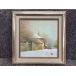 An oil painting of a winter scene signed Dusatti