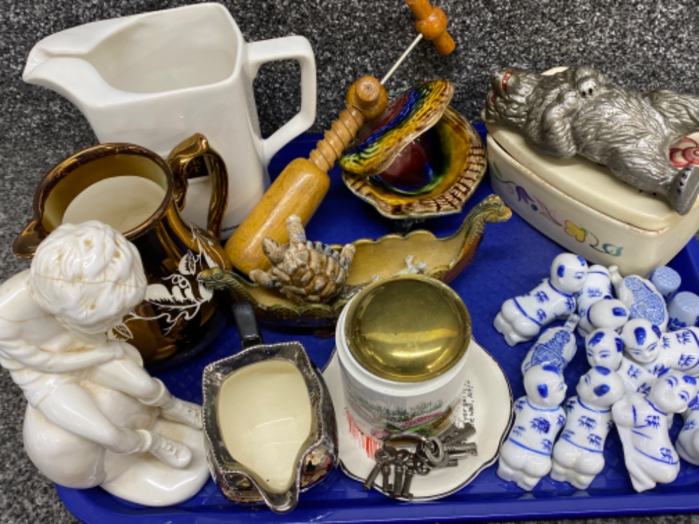 Mixed tray lot containing metal bear money box, Wade whimsy’s & jugs plus Poole lidded dish etc - Image 2 of 3