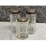 3x vintage glass bottles with hallmarked silver rimmed lids