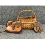 Wicker picnic basket, leather handbag and sporran