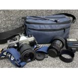 Vintage Praktica MTL 5 film camera in carry bag, also includes Praktica 1600A flash & extra lens