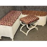 2x painted white loom blanket boxes & stool, all with matching upholstery