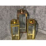 Pair of gilt metal hanging candle lanterns 18x45cm, plus a large hanging lantern in rose gold colour
