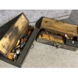 2x Joiners woodworking tool boxes containing miscellaneous vintage hand tools, including planes,