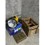 Vintage commemorative tin & wooden crate with rechargeable torch.