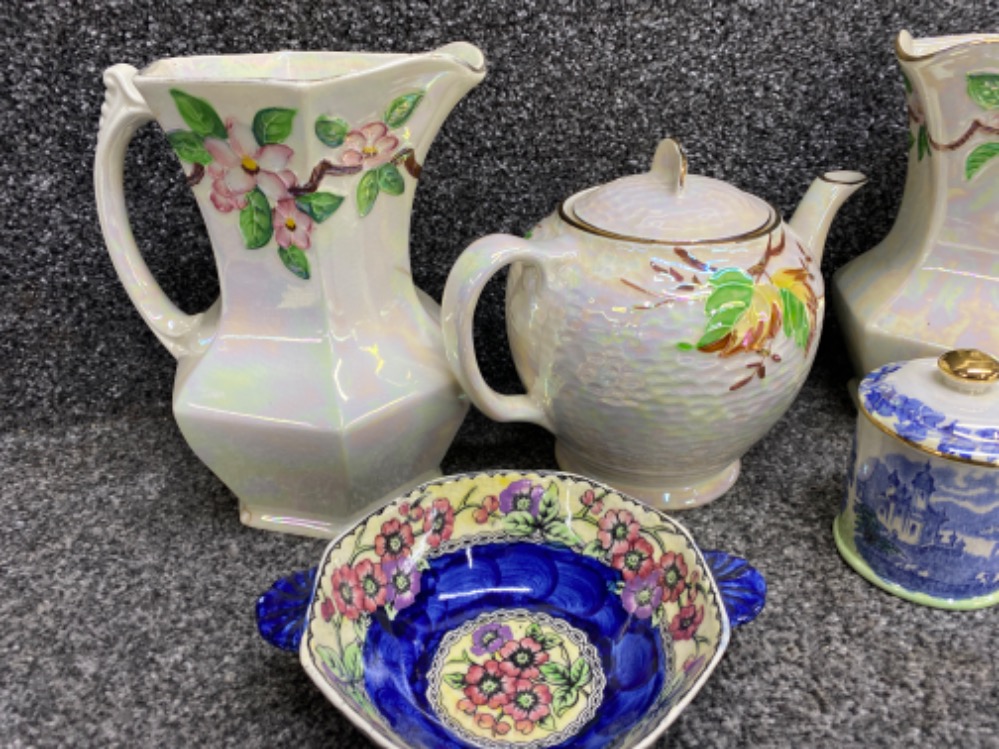 Total of 5 pieces of Maling lustre China includes rare lidded pot, small bowl, teapot & 2 large - Bild 2 aus 3