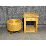 Pine bedside table along with Wicker footstool