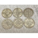 Total of 6 silver one florin coins, dates range from 1921 to 1936