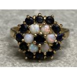 9ct yellow gold Opal & sapphire cluster ring, comprising of 6 opals & 14 sapphires, boxed