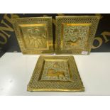 Set of 3 Antique Indian reticulated square plaques decorated with Elephant, 2 headed Swan & Lion