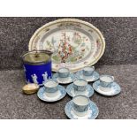 Tray containing large ironstone Indian tree meat-dish, Wedgwood lidded pot, mother of Pearl