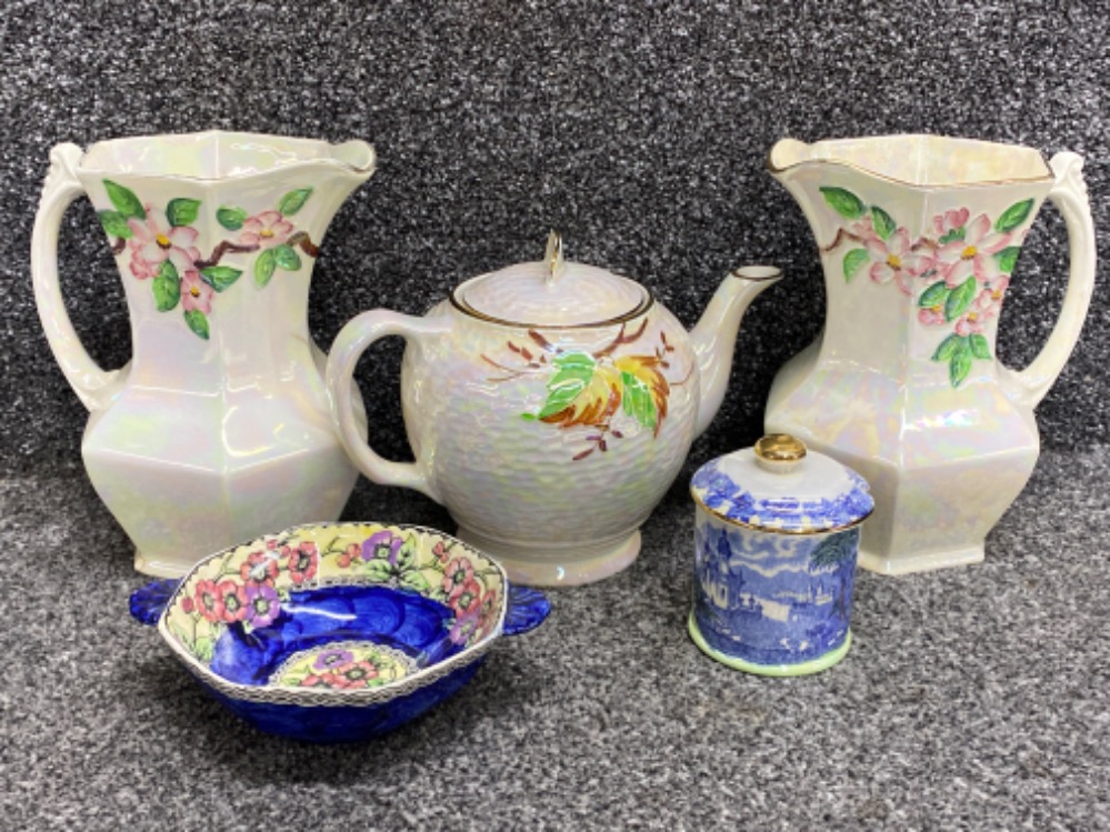 Total of 5 pieces of Maling lustre China includes rare lidded pot, small bowl, teapot & 2 large