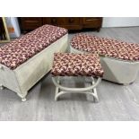 2x painted white loom blanket boxes & stool, all with matching upholstery