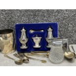 2 x silver spoons, EPNS spoons and tongs and silver plated Georgian style condiments set