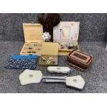 3 boxes costume jewellery, dressing table set and bead bag.