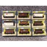 Total of 9 boxed Tri-ang railways superdetail wagons (all boxed) including BSA, Walls bacon etc