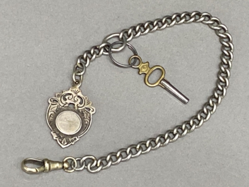 Hallmarked Birmingham silver fob on metal chain, with pocket watch key, 23.1g