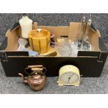Box miscellaneous including copper kettle, smiths clock, wooden ice bucket