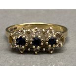 9ct yellow gold, blue & white stone cluster ring, size Q, 2.8g gross