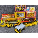 Box containing a selection of Diecast construction vehicles, mainly Majorette, also includes JCB 801