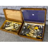 2x vintage oak cutlery boxes both containing miscellaneous pieces of cutlery