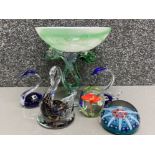 Total of 6 pieces of Coloured art glass including a pair of Czech swans, Murano style paperweight,