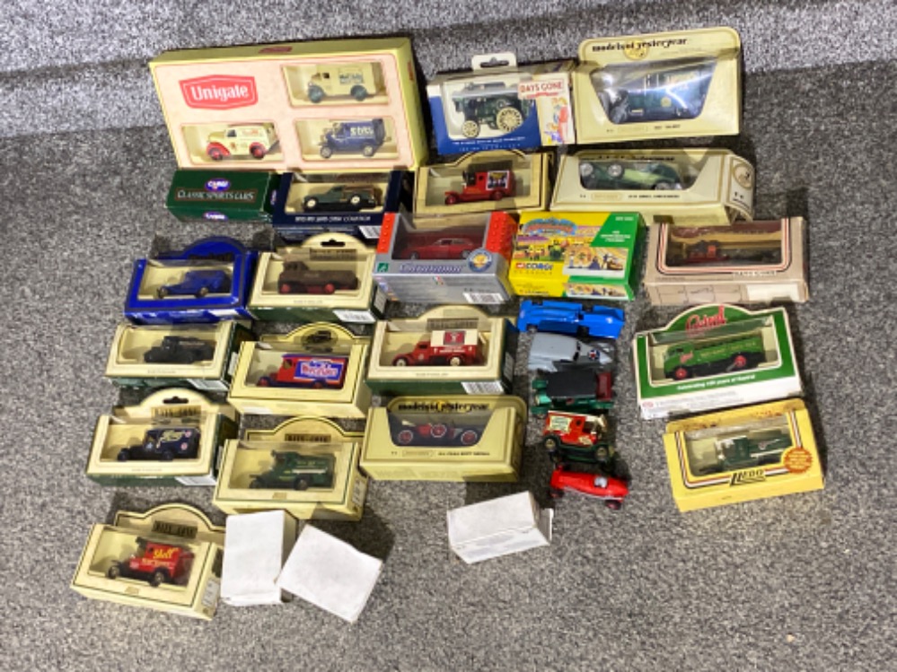 Box of diecast vehicles mainly Days Gone & Models of Yesteryear, also includes Ledo & Corgi,