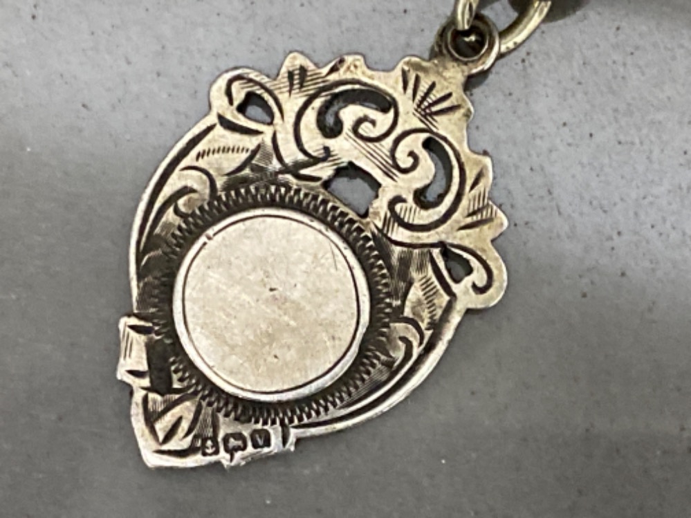 Hallmarked Birmingham silver fob on metal chain, with pocket watch key, 23.1g - Image 2 of 3